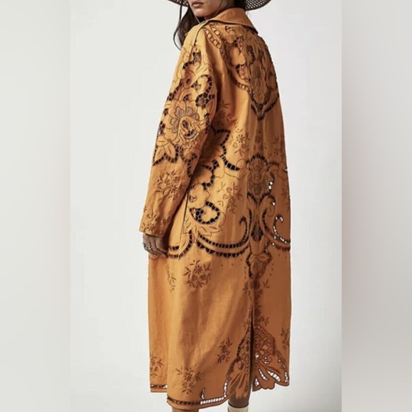 Free People Susanna Cutwork Eyelets Lace Duster Coat Mustard Sz S NWOT - Picture 3 of 8